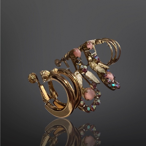 Lot of 3 Vintage Clip-on Earrings, 2 gold hoops, 1 pink Dangler - Picture 3 of 8